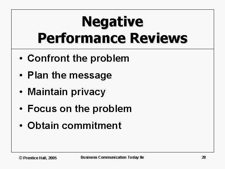 Negative Performance Reviews • Confront the problem • Plan the message • Maintain privacy