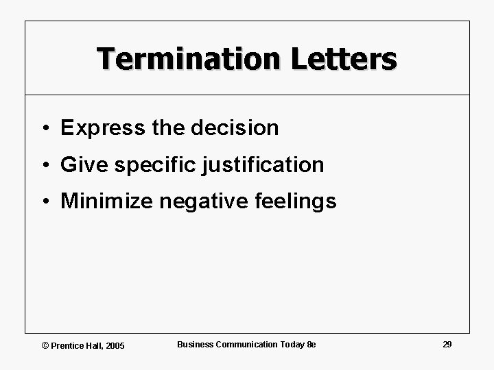 Termination Letters • Express the decision • Give specific justification • Minimize negative feelings