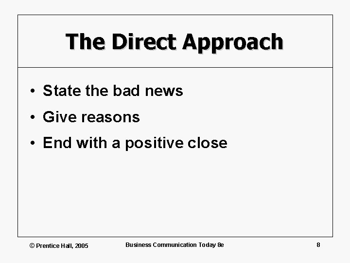 The Direct Approach • State the bad news • Give reasons • End with