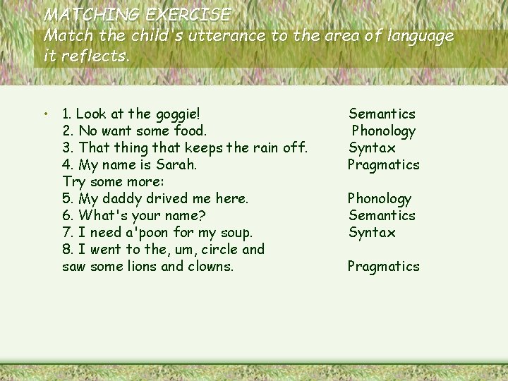 MATCHING EXERCISE Match the child's utterance to the area of language it reflects. •