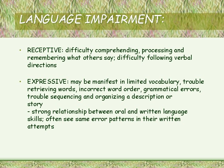 LANGUAGE IMPAIRMENT: • RECEPTIVE: difficulty comprehending, processing and remembering what others say; difficulty following