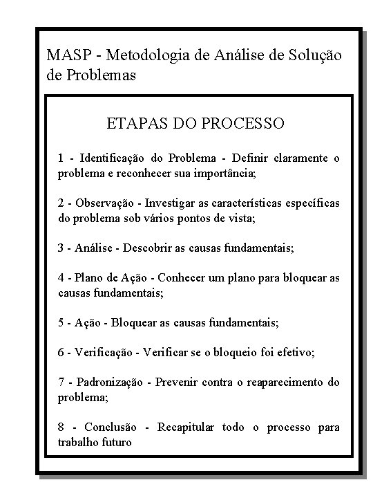 MASP - Metodologia de Análise de Solução de Problemas ETAPAS DO PROCESSO 1 -