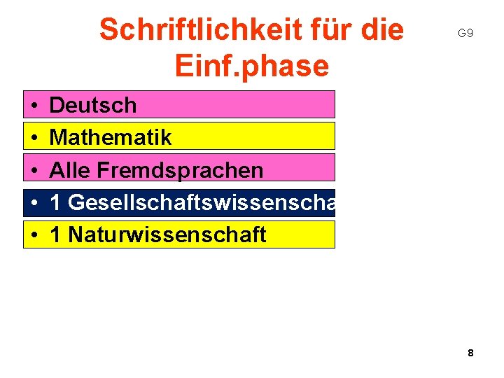 Schriftlichkeit für die Einf. phase • • • G 9 Deutsch Mathematik Alle Fremdsprachen