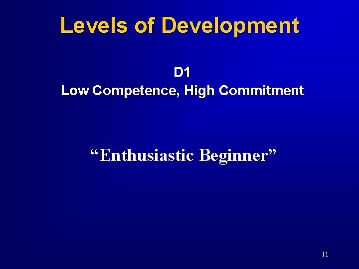 Levels of Development D 1 Low Competence, High Commitment “Enthusiastic Beginner” 11 