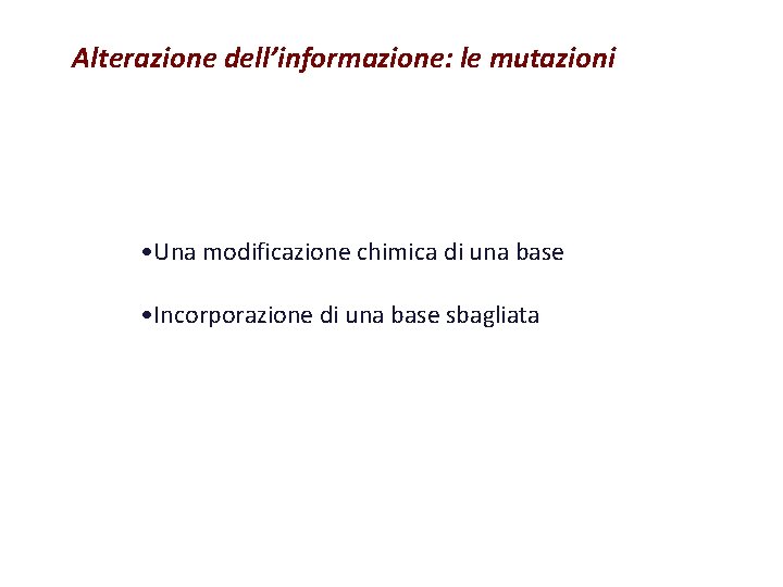Alterazione dell’informazione: le mutazioni • Una modificazione chimica di una base • Incorporazione di