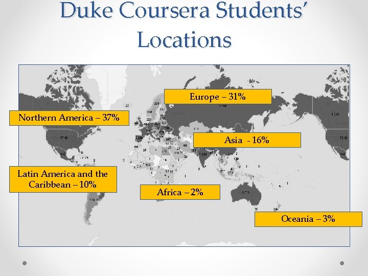 Duke Coursera Students’ Locations Europe – 31% Northern America – 37% Asia - 16%