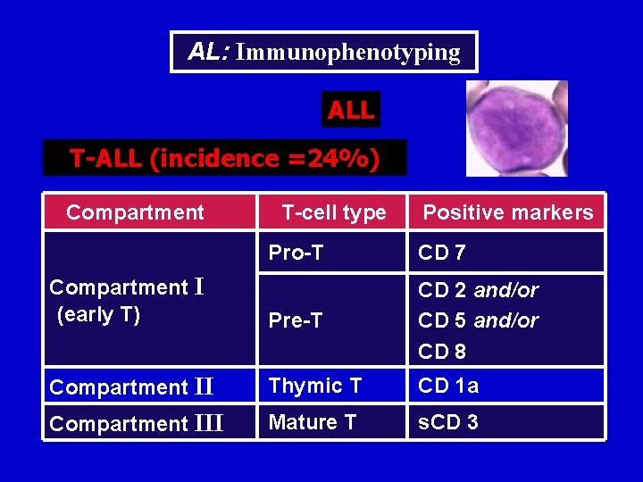 AL: Immunophenotyping ALL T-ALL (incidence =24%) Compartment T-cell type Positive markers Pro-T CD 7