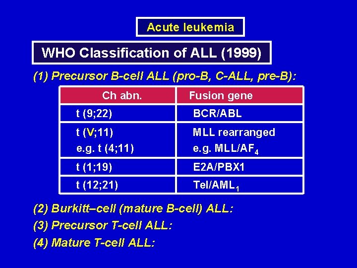 Acute leukemia WHO Classification of ALL (1999) (1) Precursor B-cell ALL (pro-B, C-ALL, pre-B):