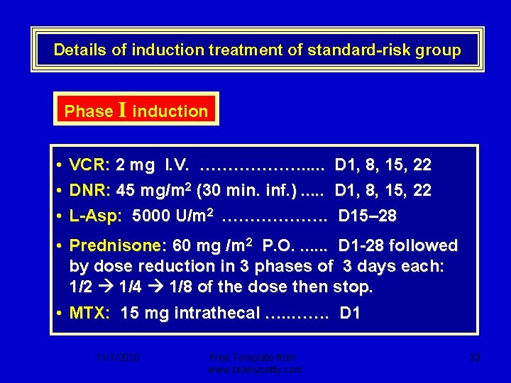 Details of induction treatment of standard-risk group Phase I induction • VCR: 2 mg