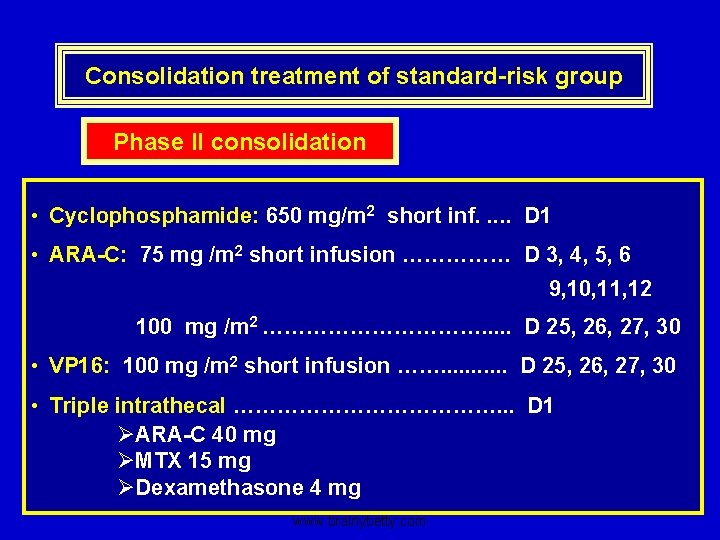 Consolidation treatment of standard-risk group Phase II consolidation • Cyclophosphamide: 650 mg/m 2 short