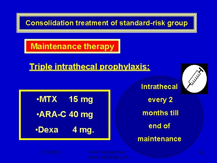 Consolidation treatment of standard-risk group Maintenance therapy Triple intrathecal prophylaxis: Intrathecal • MTX 15