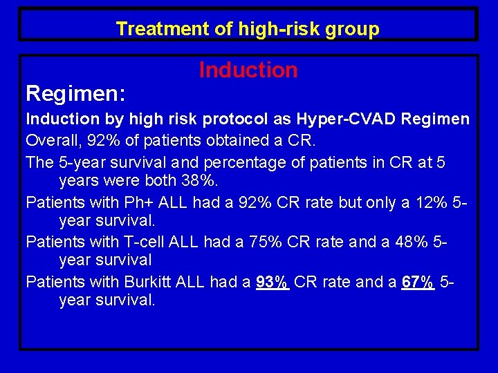 Treatment of high-risk group Regimen: Induction by high risk protocol as Hyper-CVAD Regimen Overall,