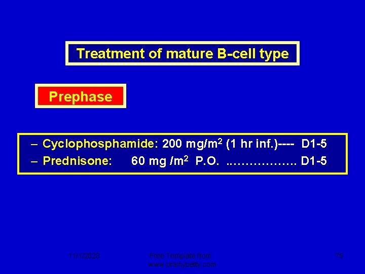Treatment of mature B-cell type Prephase – Cyclophosphamide: 200 mg/m 2 (1 hr inf.