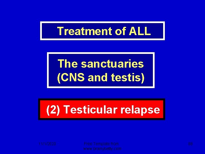  Treatment of ALL The sanctuaries (CNS and testis) (2) Testicular relapse 11/1/2020 Free
