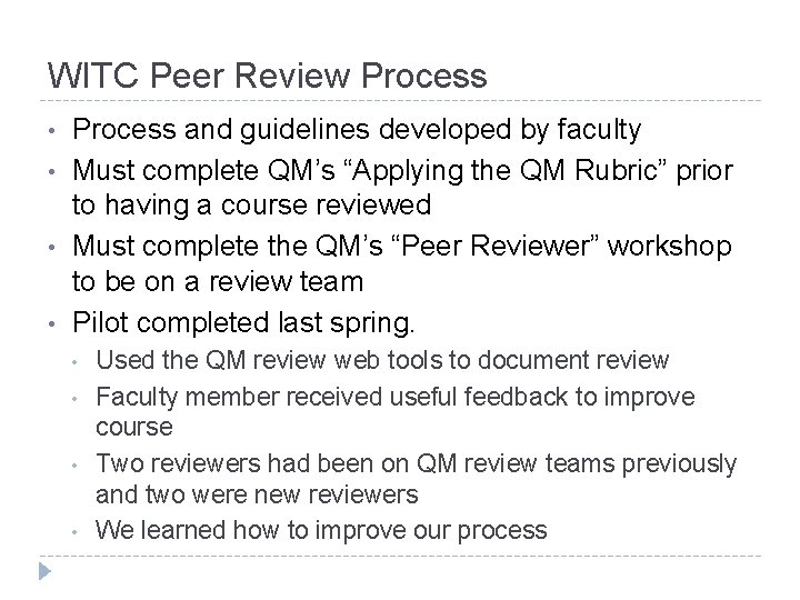 WITC Peer Review Process • • Process and guidelines developed by faculty Must complete