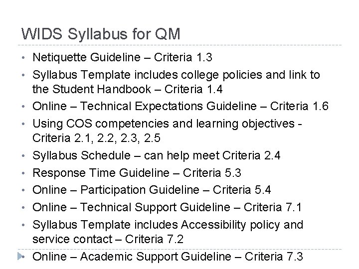 WIDS Syllabus for QM • Netiquette Guideline – Criteria 1. 3 • Syllabus Template