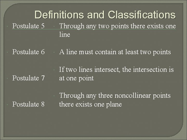 Definitions and Classifications Postulate 5 Through any two points there exists one line Postulate