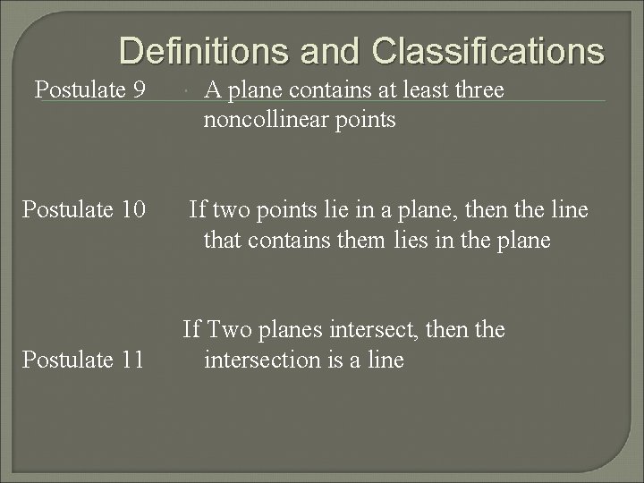 Definitions and Classifications Postulate 9 Postulate 10 Postulate 11 A plane contains at least