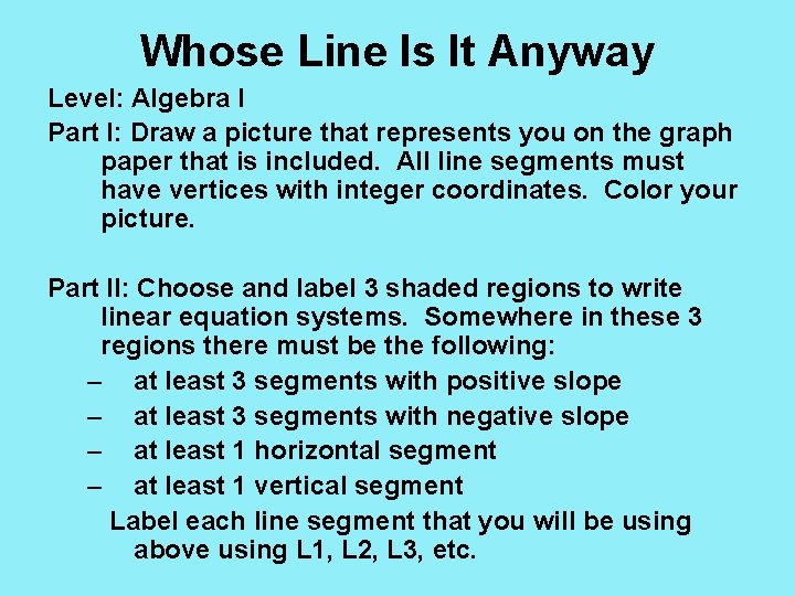 Whose Line Is It Anyway Level: Algebra I Part I: Draw a picture that