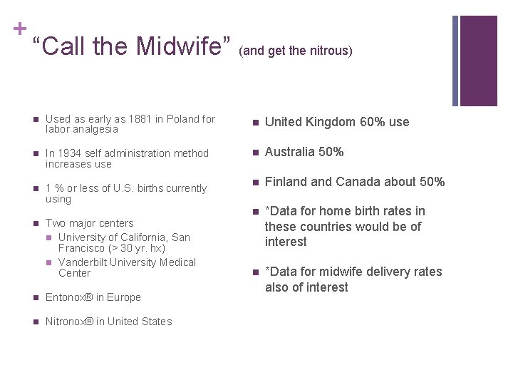 + “Call the Midwife” (and get the nitrous) n Used as early as 1881
