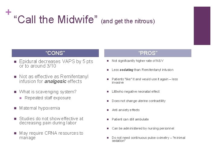 + “Call the Midwife” (and get the nitrous) “CONS” n Epidural decreases VAPS by