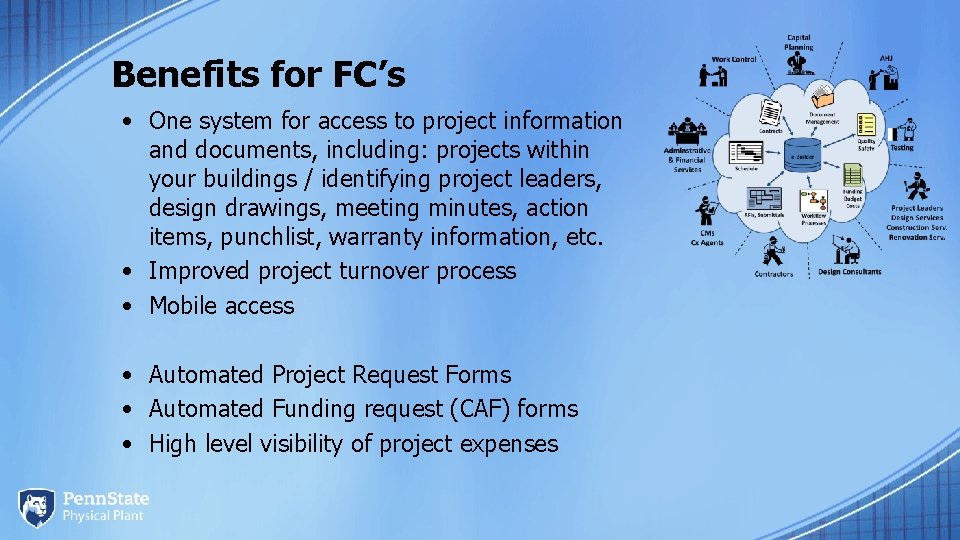 Benefits for FC’s • One system for access to project information and documents, including: