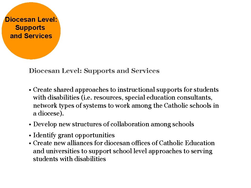 Diocesan Level: Supports and Services • Create shared approaches to instructional supports for students