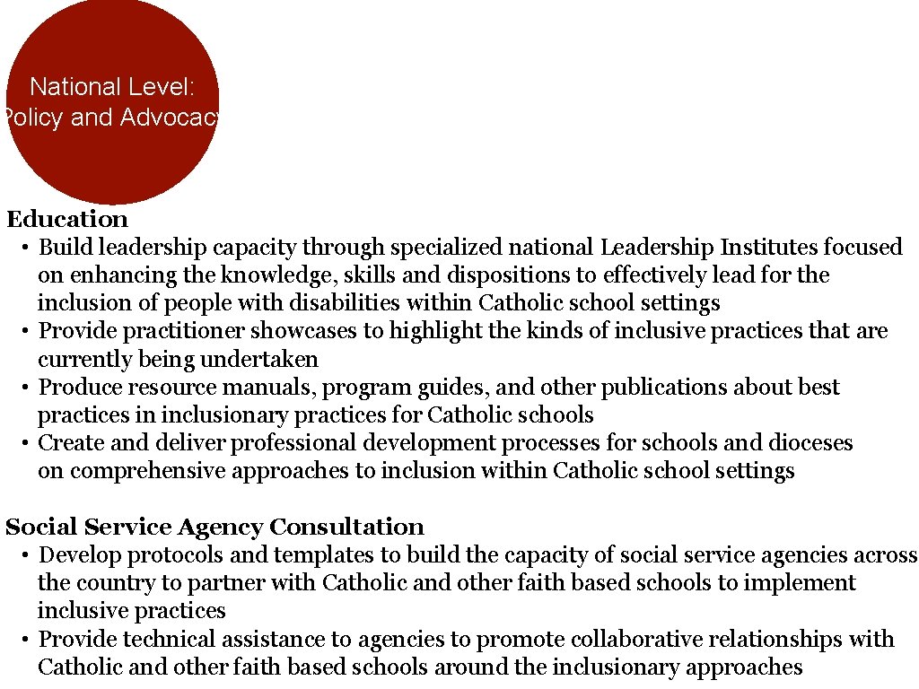 National Level: Policy and Advocacy Education • Build leadership capacity through specialized national Leadership