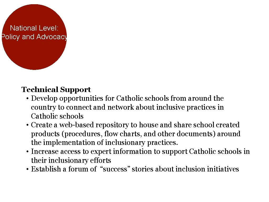 National Level: Policy and Advocacy Technical Support • Develop opportunities for Catholic schools from