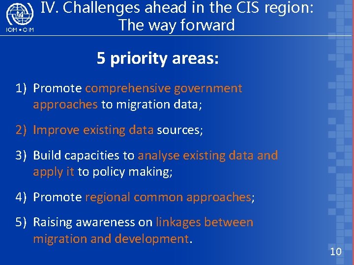 IV. Challenges ahead in the CIS region: The way forward 5 priority areas: 1)