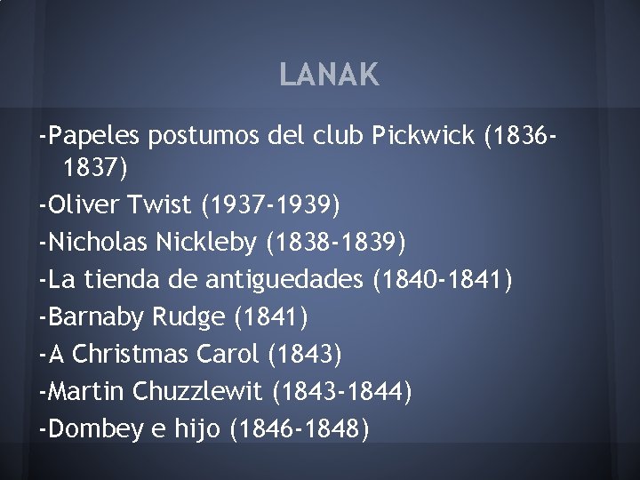 LANAK -Papeles postumos del club Pickwick (18361837) -Oliver Twist (1937 -1939) -Nicholas Nickleby (1838
