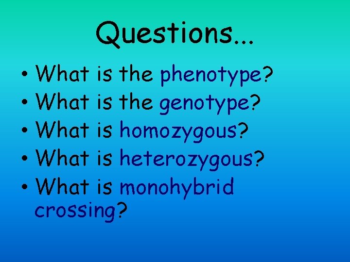 Questions. . . • What is the phenotype? • What is the genotype? •