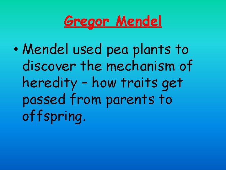 Gregor Mendel • Mendel used pea plants to discover the mechanism of heredity –
