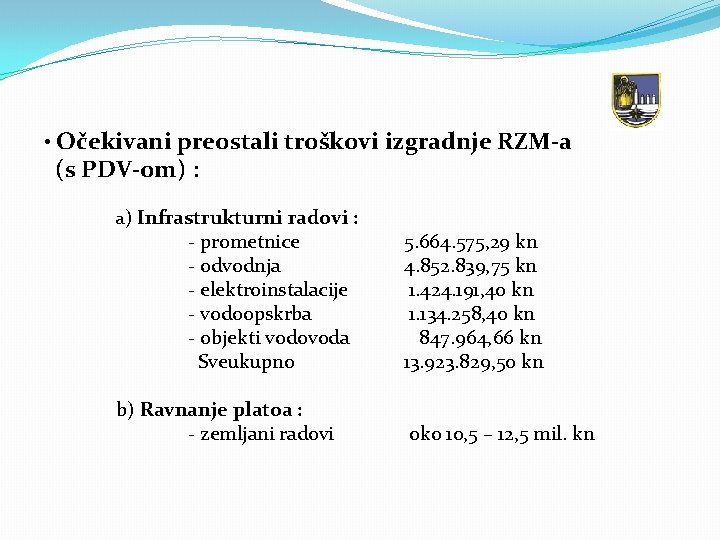  • Očekivani preostali troškovi izgradnje RZM-a (s PDV-om) : a) Infrastrukturni radovi :