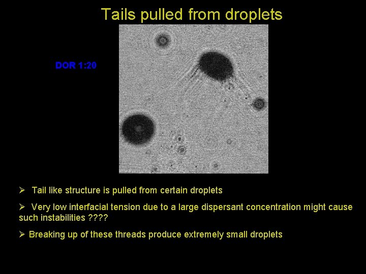 Tails pulled from droplets DOR 1: 20 Ø Tail like structure is pulled from