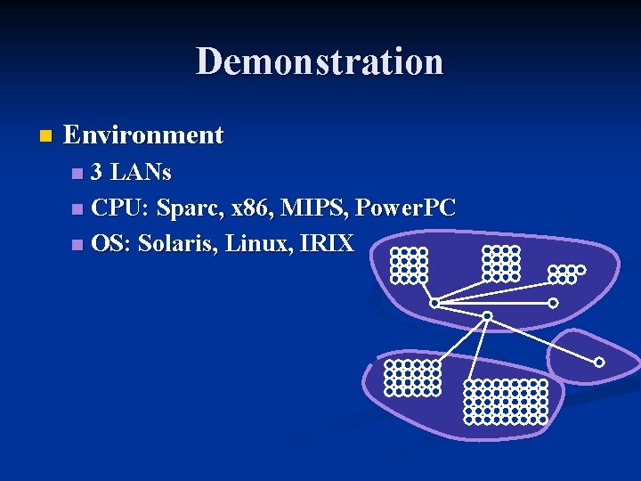 Demonstration n Environment 3 LANs n CPU: Sparc, x 86, MIPS, Power. PC n