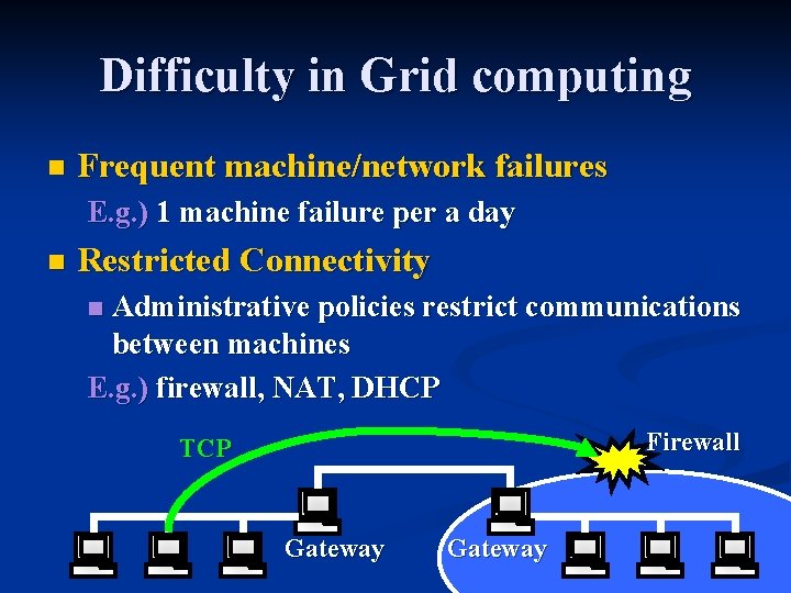 Difficulty in Grid computing n Frequent machine/network failures E. g. ) 1 machine failure