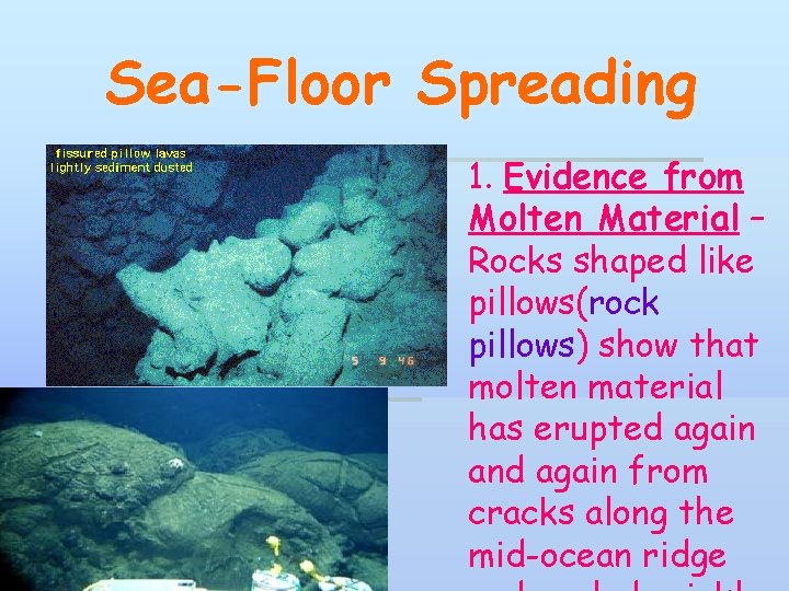 Sea-Floor Spreading 1. Evidence from Molten Material – Rocks shaped like pillows(rock pillows) show