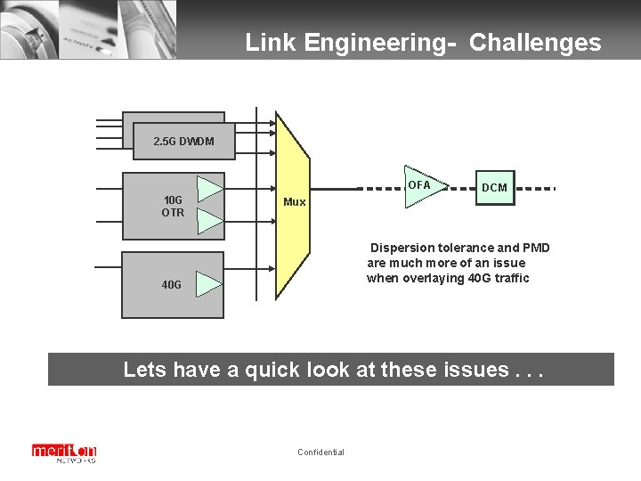 Link Engineering- Challenges 2. 5 G DWDM OFA 10 G OTR DCM Mux Need