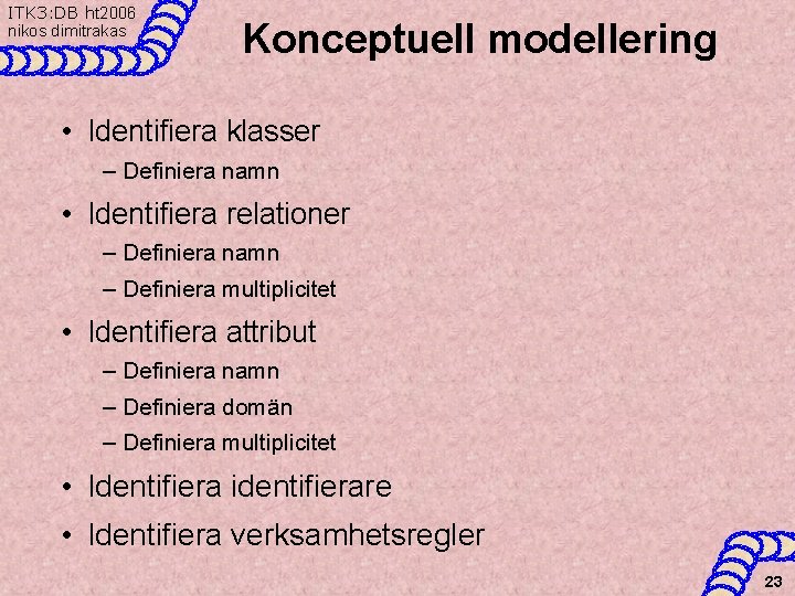ITK 3: DB ht 2006 nikos dimitrakas Konceptuell modellering • Identifiera klasser – Definiera