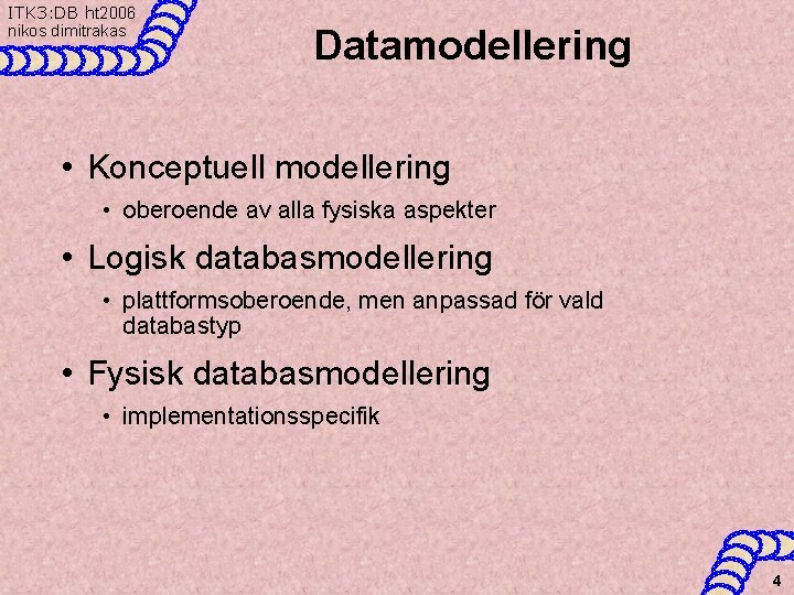 ITK 3: DB ht 2006 nikos dimitrakas Datamodellering • Konceptuell modellering • oberoende av