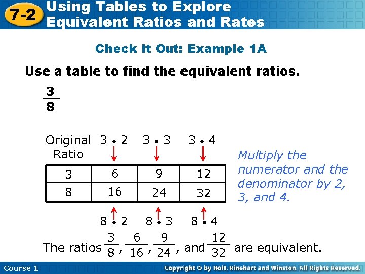 Using Tables to Explore 7 -2 Equivalent Ratios and Rates Check It Out: Example