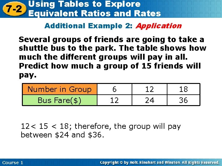 Using Tables to Explore 7 -2 Equivalent Ratios and Rates Additional Example 2: Application