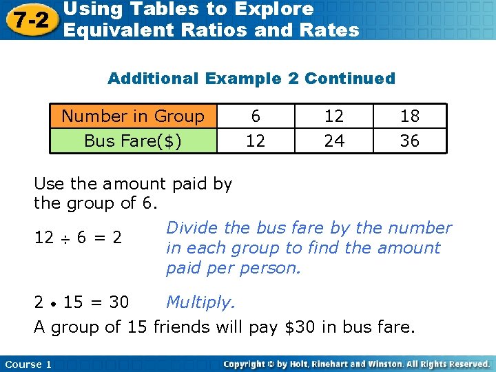 Using Tables to Explore 7 -2 Equivalent Ratios and Rates Additional Example 2 Continued