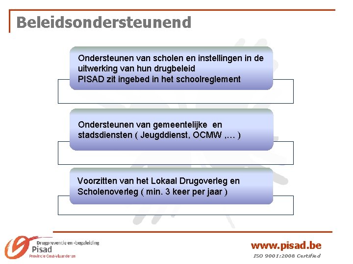 Beleidsondersteunend Ondersteunen van scholen en instellingen in de uitwerking van hun drugbeleid PISAD zit