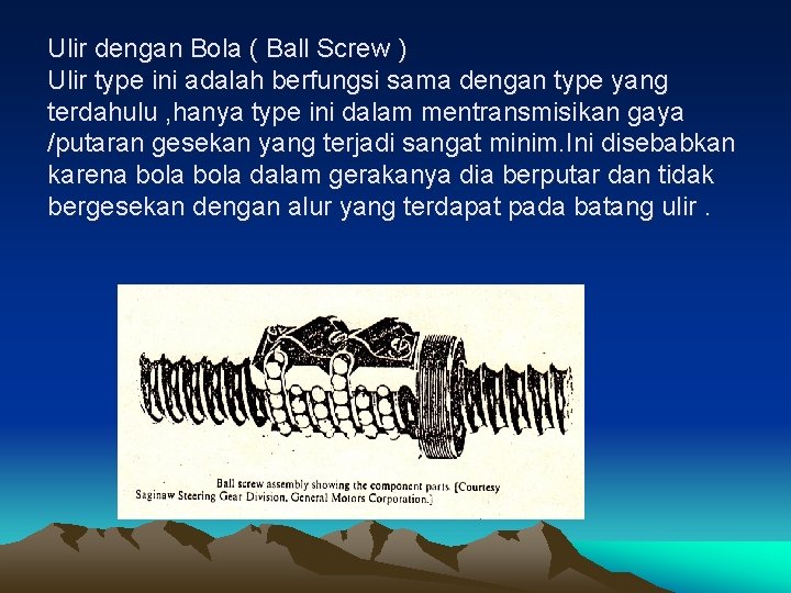 Ulir dengan Bola ( Ball Screw ) Ulir type ini adalah berfungsi sama dengan