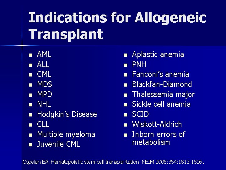Indications for Allogeneic Transplant n n n n n AML ALL CML MDS MPD