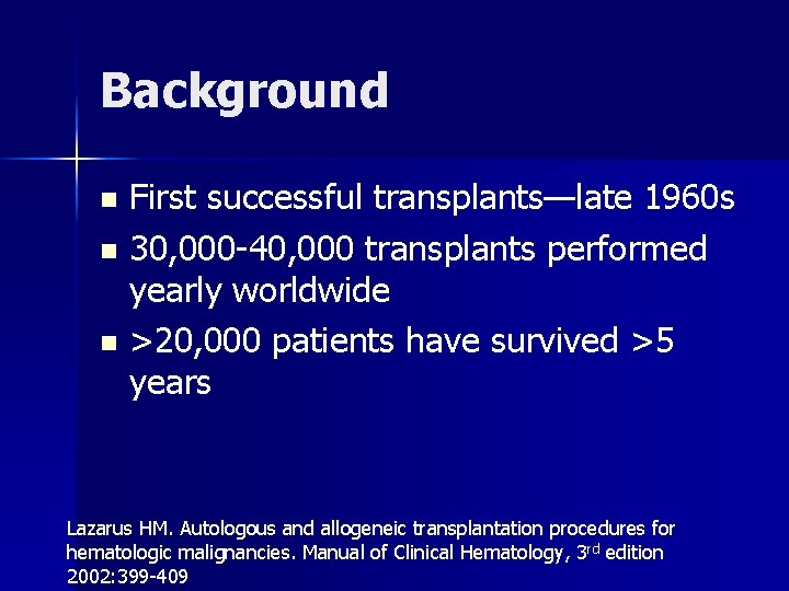 Background First successful transplants—late 1960 s n 30, 000 -40, 000 transplants performed yearly