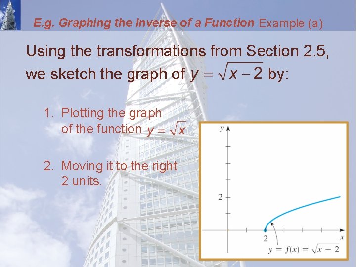 E. g. Graphing the Inverse of a Function Example (a) Using the transformations from