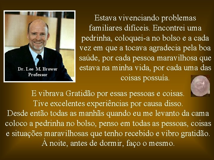 Dr. Lee M. Brower Professor Estava vivenciando problemas familiares difíceis. Encontrei uma pedrinha, coloquei-a